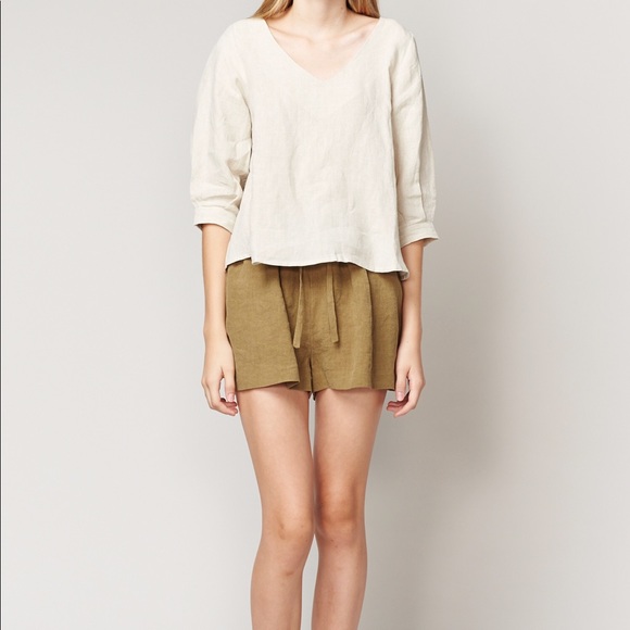 DRAWSTRING LINEN SHORTS - OLIVE - Picture 1 of 5